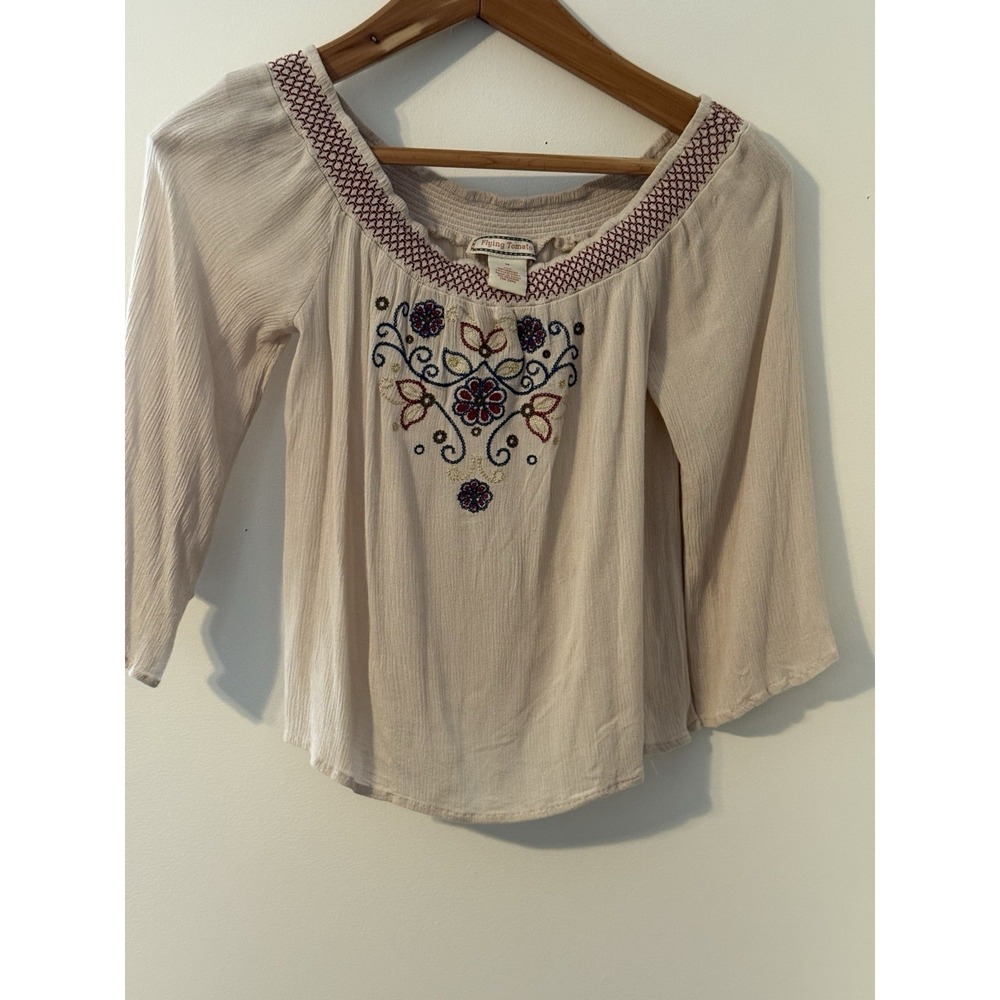 Flying Tomato Wom M Beige Embroidered Off-the-Shoulder Floral Blouse Boho Chic